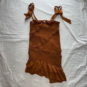 ASTR Eastwick Smocked Ruffle Mini Asymmetrical Dress Brown Sz L Preppy Boho